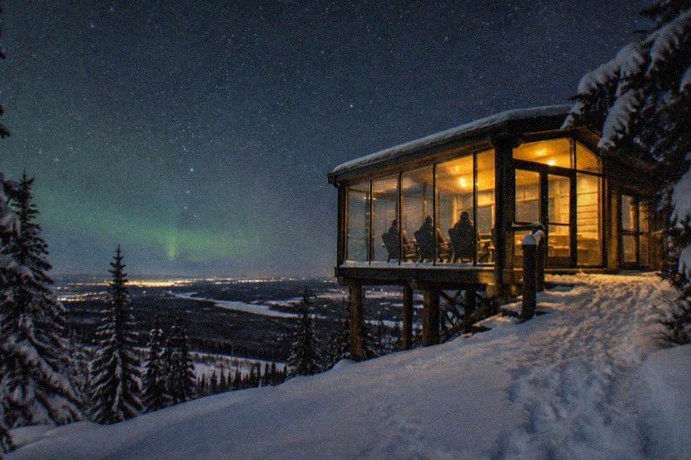 A heated glass viewing structure at night with a starry sky over snowy hills