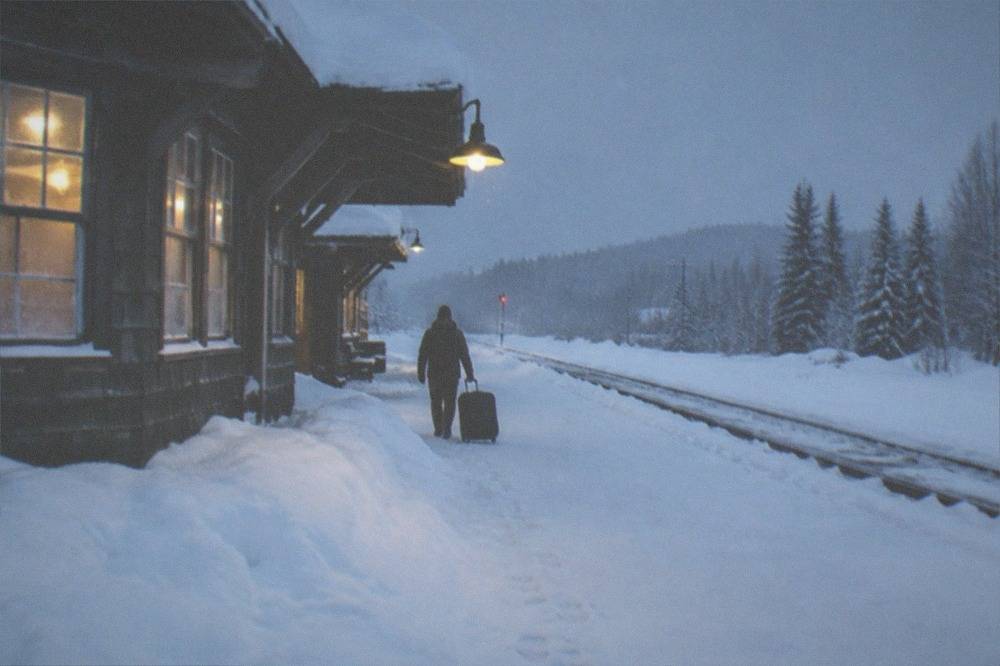 A small Alaska rail platform under deep snow with dim afternoon light.