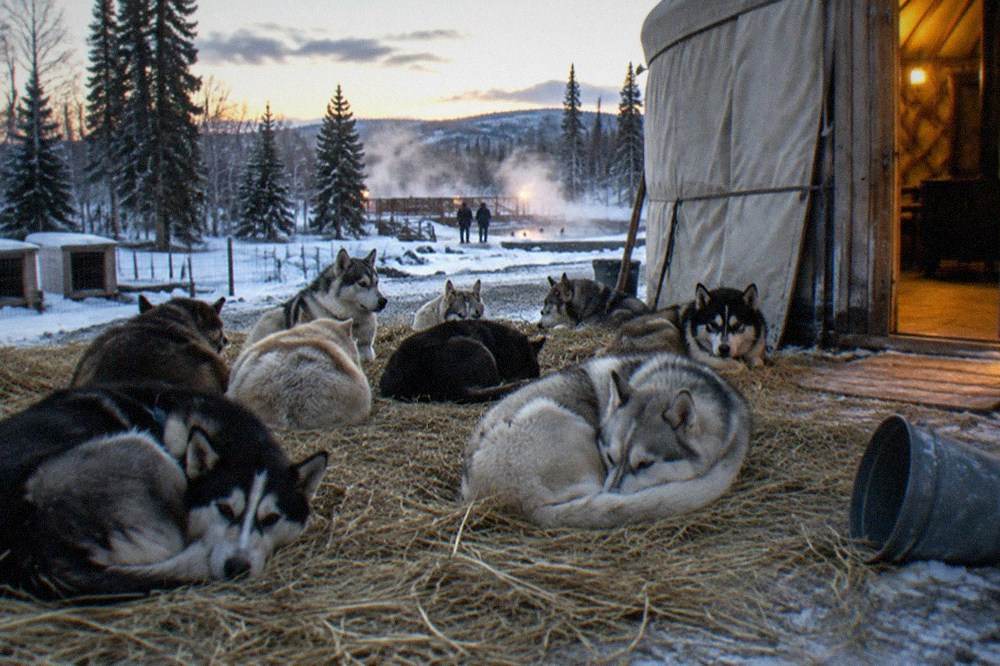 A sled dog team resting on a snowy trail beside a wooden yurt with warm light at the doorway.
