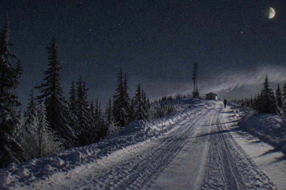 Snow-covered road at night leading toward open Interior terrain under a starry sky