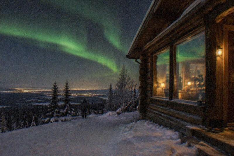 A heated aurora-viewing lodge near Fairbanks with wide windows facing a dark, star-filled Alaska sky