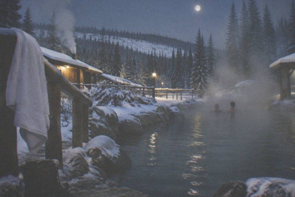 Steam rising from an outdoor hot springs pool surrounded by snow at night
