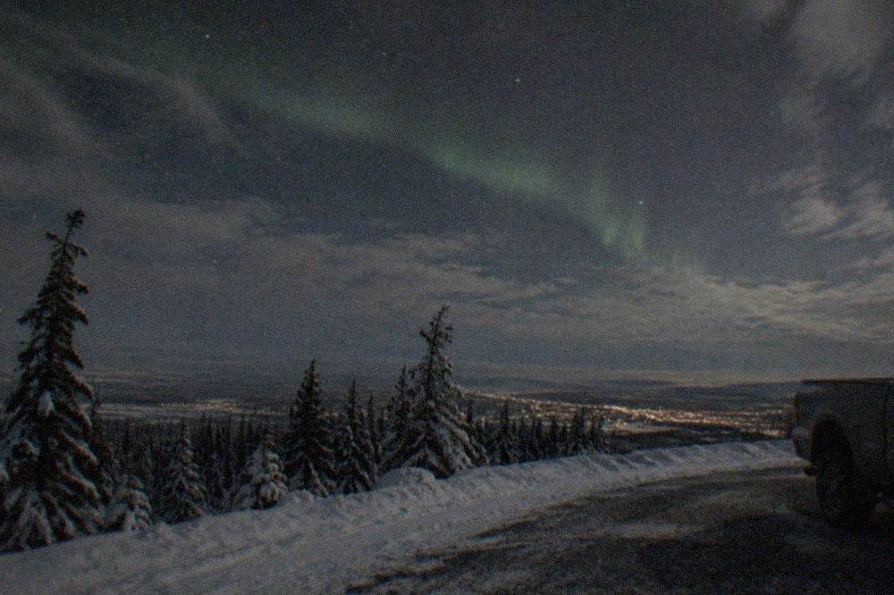 A dim green aurora band stretching across a starry sky over snowy treetops in interior Alaska