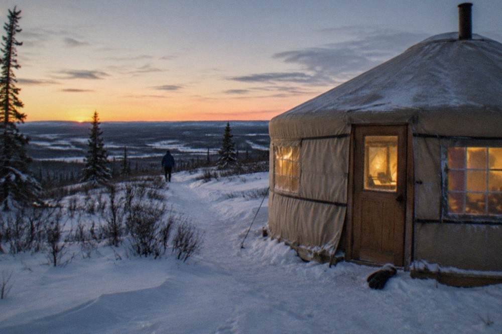 A heated yurt with glowing windows standing in snowy forest under a starry winter sky