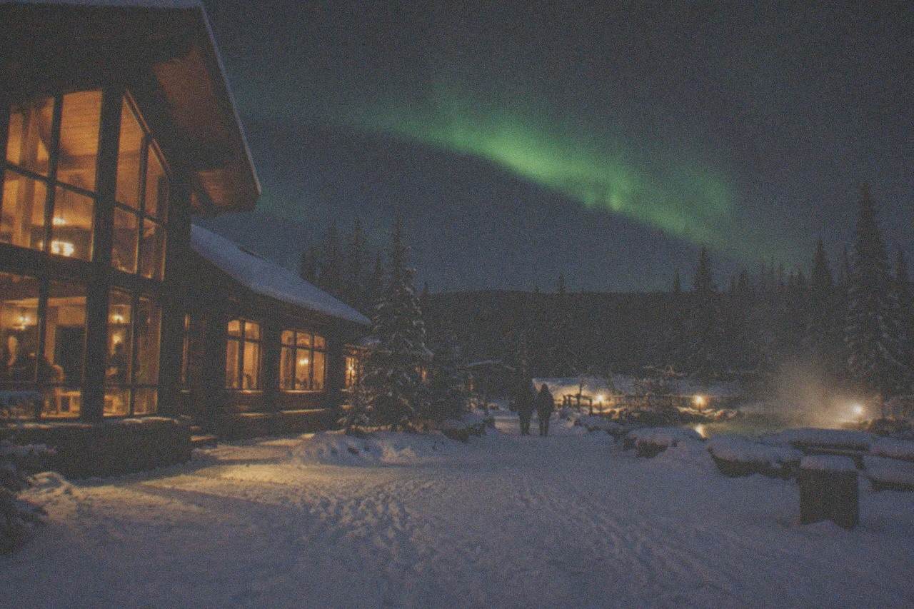A warm wooden lodge with large windows glowing under a starry night sky above snowy Alaska forest