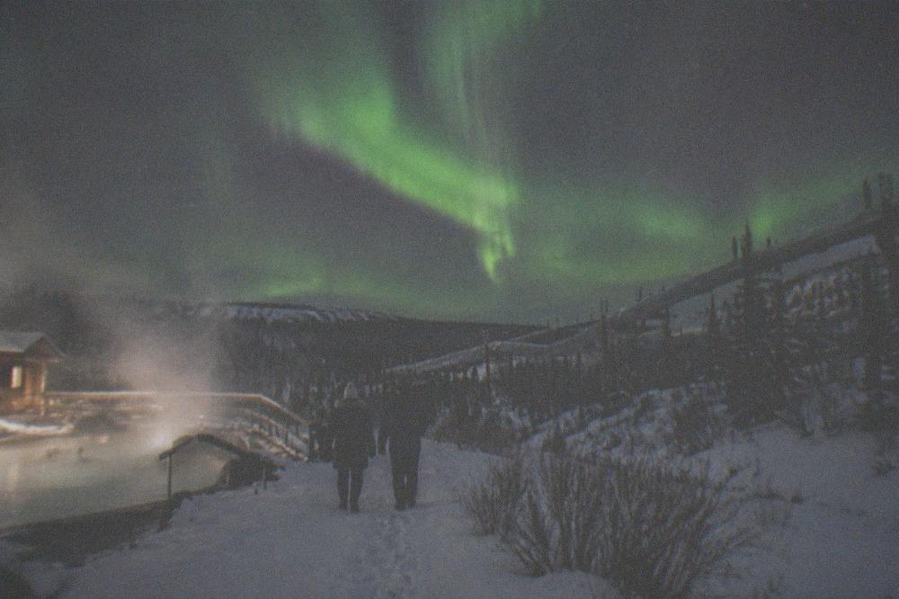 Aurora borealis over the Trans-Alaska Pipeline viewpoint on the Elliott Highway with snow-covered tundra