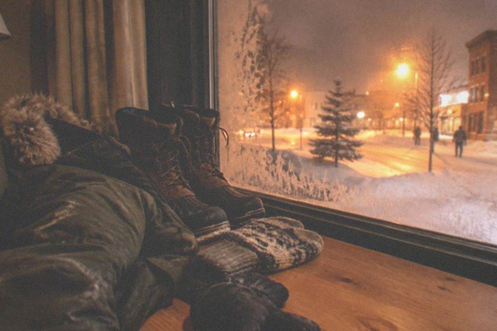 Winter boots, gloves and a thick parka laid out on a bench beside a window at night
