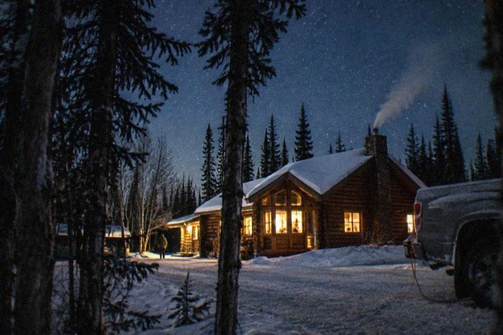 Warm glow from a wooden aurora viewing lodge windows under a starry night sky