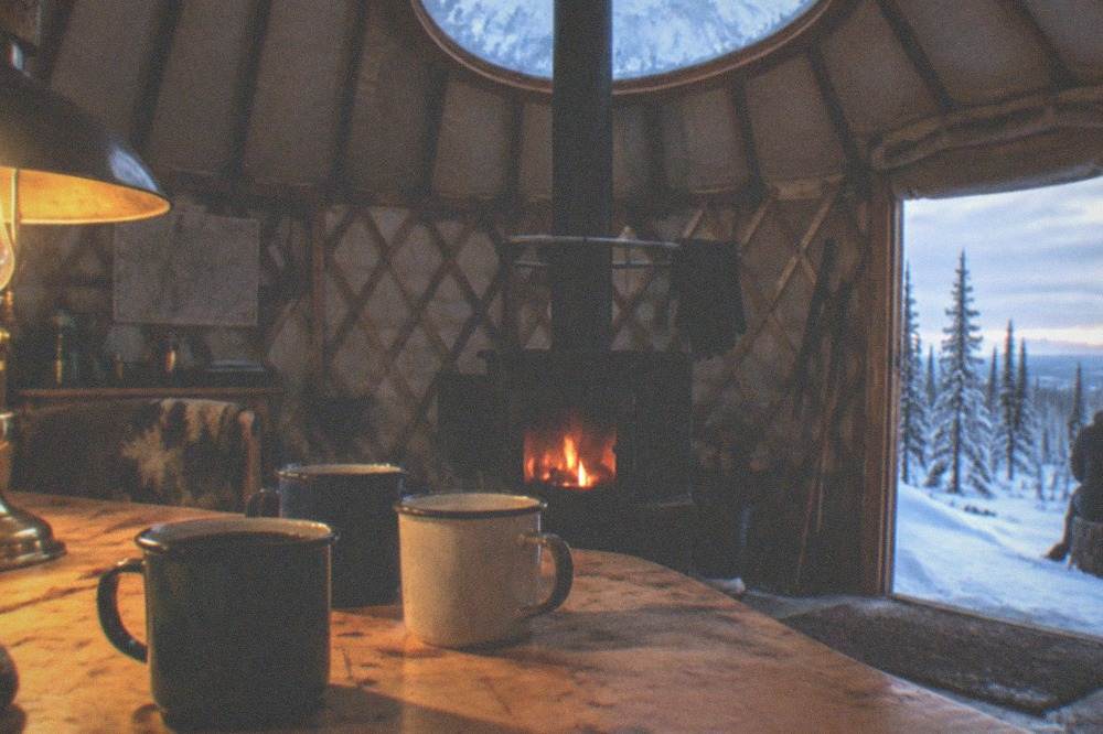 Heated yurt interior with warm lighting and steaming drinks set on a wooden table