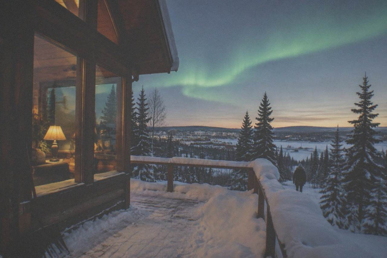 A heated lodge with large windows facing a dark winter sky streaked with green aurora above snowy forest