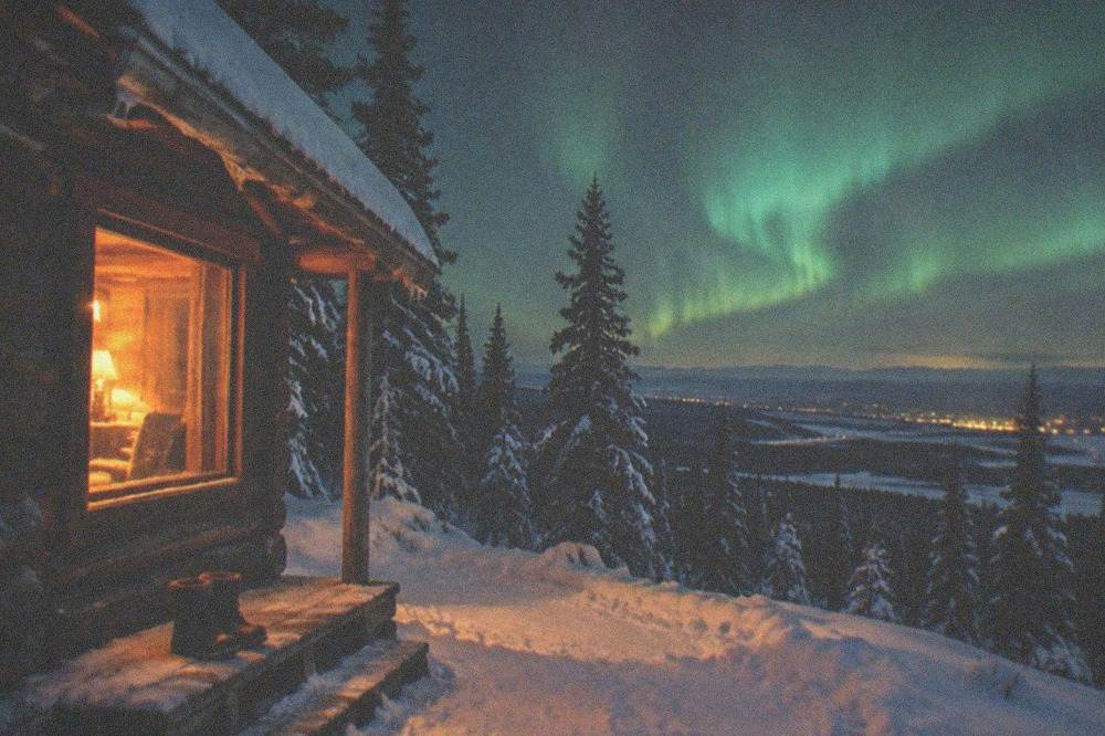 A warm cabin window glowing at night with a green aurora visible beyond the treeline