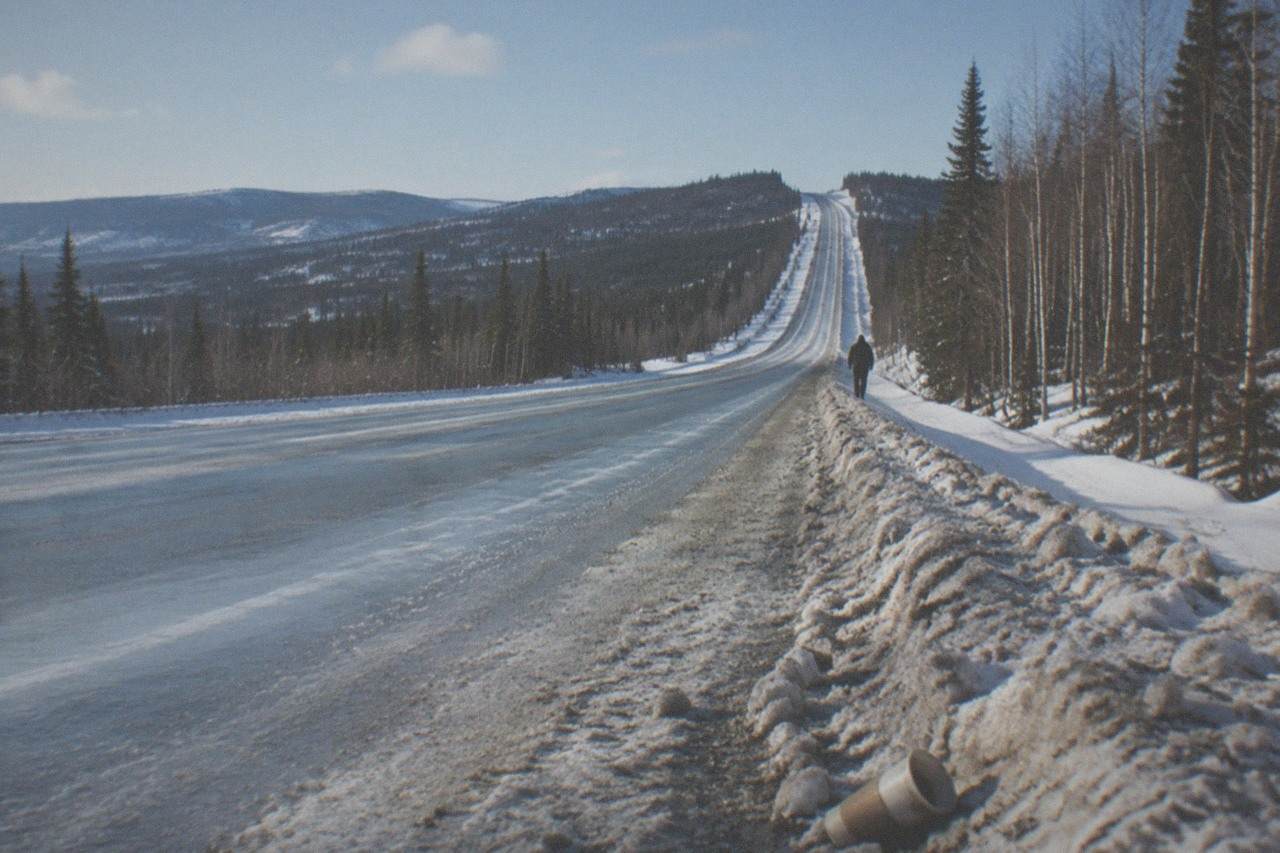 Snow-covered highway cutting through forested hills under a pale blue winter sky in interior Alaska