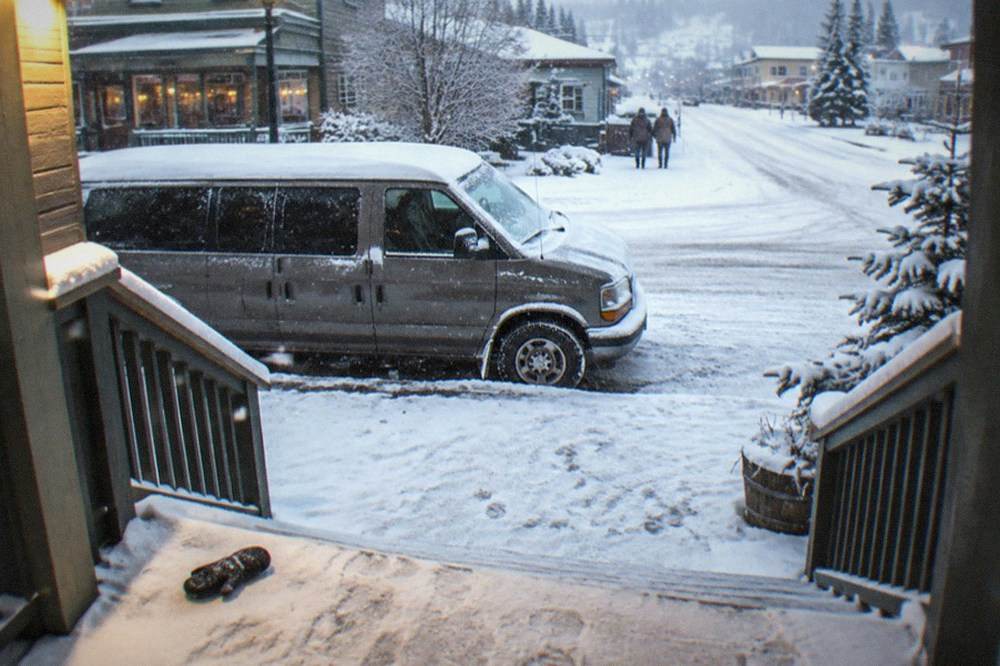 A private van waiting outside a warmly lit lodge entrance in falling snow at night