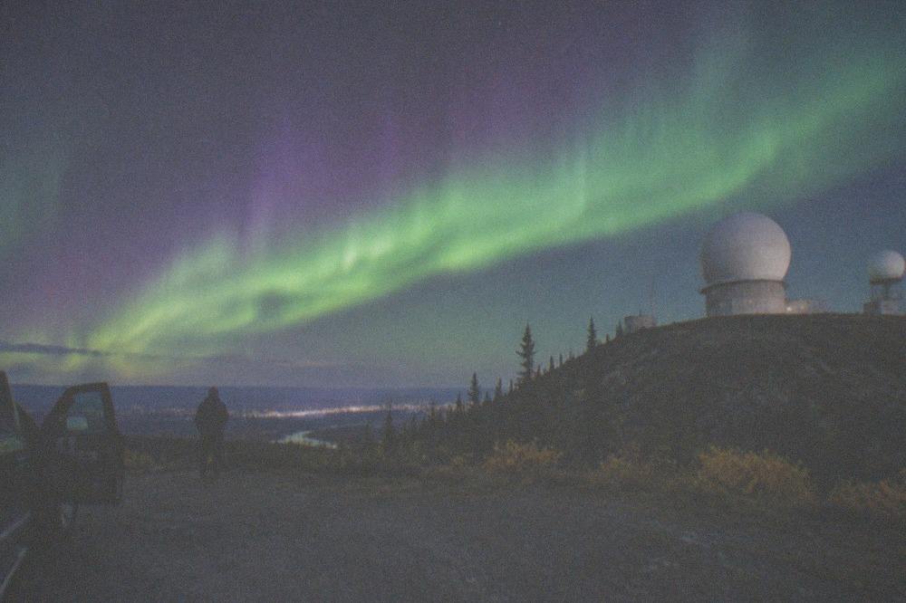A wide night sky filled with a bright green and violet aurora band over a dark forest horizon